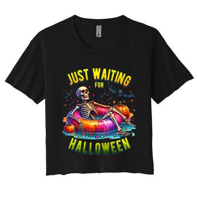 Just Waiting For Halloween Spooky Skeleton Summer Funny Crop Top