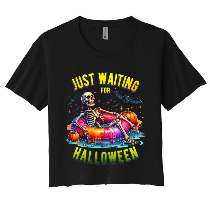 Just Waiting For Halloween Spooky Skeleton Summer Funny Crop Top