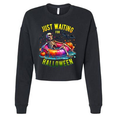 Just Waiting For Halloween Spooky Skeleton Summer Funny Cropped Pullover Crew