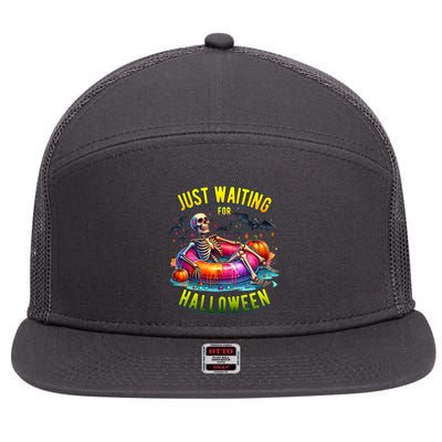 Just Waiting For Halloween Spooky Skeleton Summer Funny 7 Panel Mesh Trucker Snapback Hat