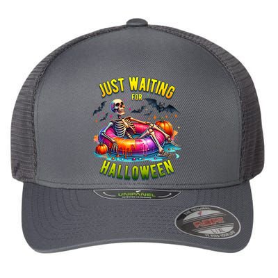 Just Waiting For Halloween Spooky Skeleton Summer Funny Flexfit Unipanel Trucker Cap
