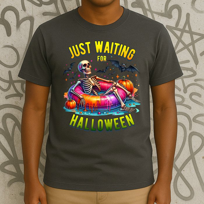 Just Waiting For Halloween Spooky Skeleton Summer Funny T-Shirt