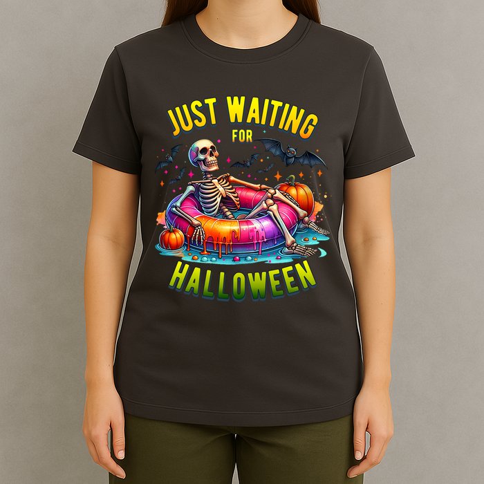 Just Waiting For Halloween Spooky Skeleton Summer Funny T-Shirt