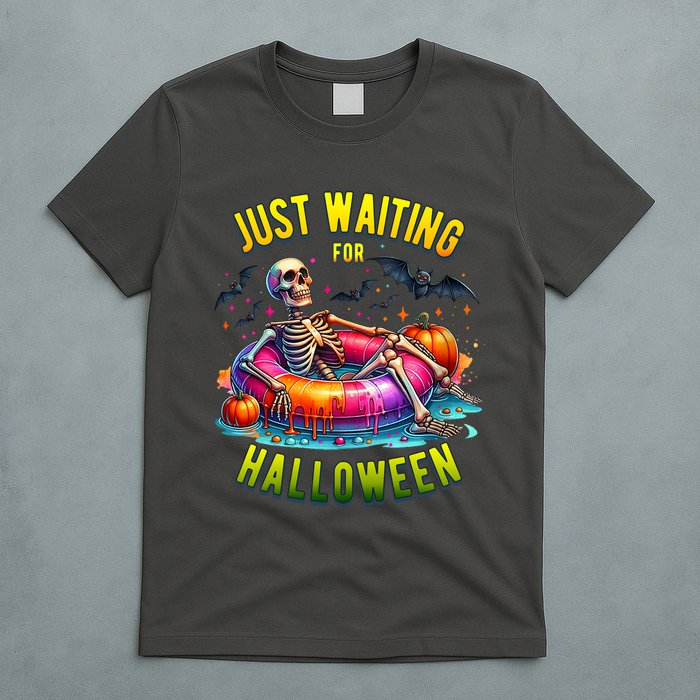 Just Waiting For Halloween Spooky Skeleton Summer Funny T-Shirt