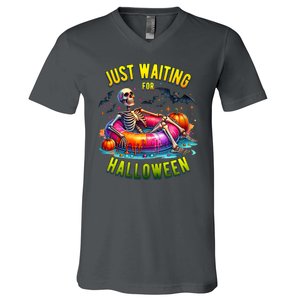 Just Waiting For Halloween Spooky Skeleton Summer Funny V-Neck T-Shirt