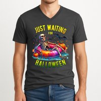 Just Waiting For Halloween Spooky Skeleton Summer Funny V-Neck T-Shirt