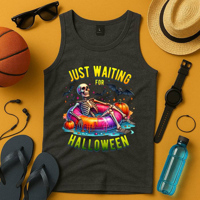 Just Waiting For Halloween Spooky Skeleton Summer Funny Tank Top