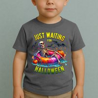 Just Waiting For Halloween Spooky Skeleton Summer Funny Toddler T-Shirt