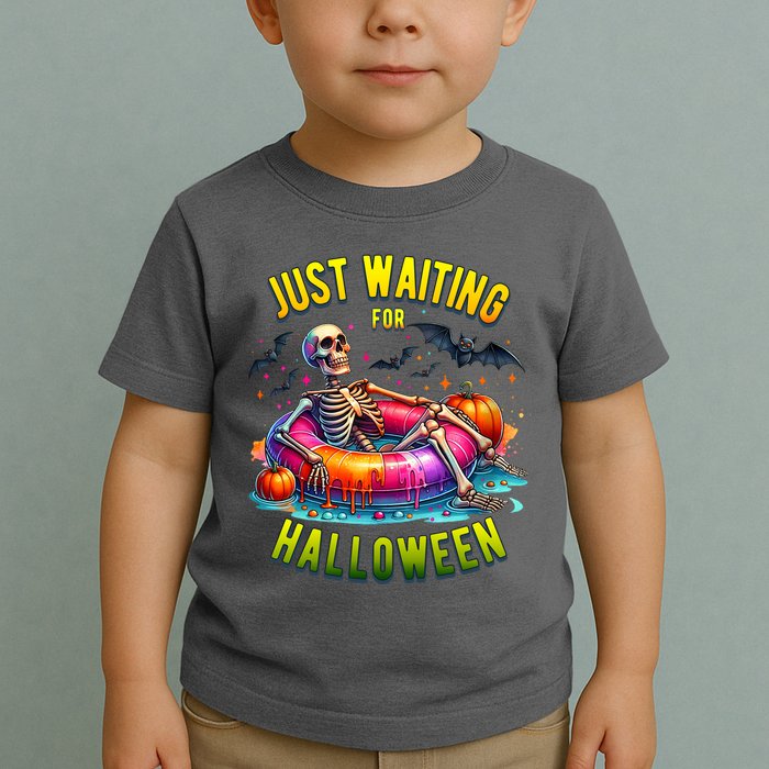 Just Waiting For Halloween Spooky Skeleton Summer Funny Toddler T-Shirt