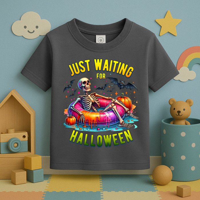 Just Waiting For Halloween Spooky Skeleton Summer Funny Toddler T-Shirt
