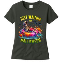 Just Waiting For Halloween Spooky Skeleton Summer Funny Womens T-Shirt