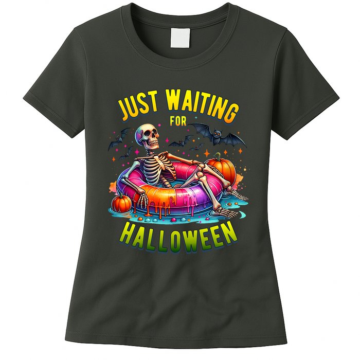 Just Waiting For Halloween Spooky Skeleton Summer Funny Womens T-Shirt
