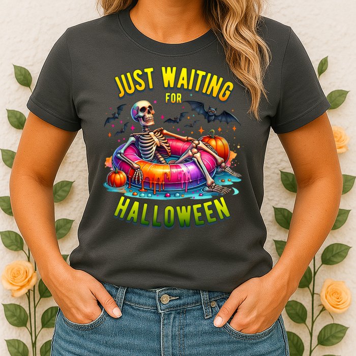 Just Waiting For Halloween Spooky Skeleton Summer Funny Womens T-Shirt