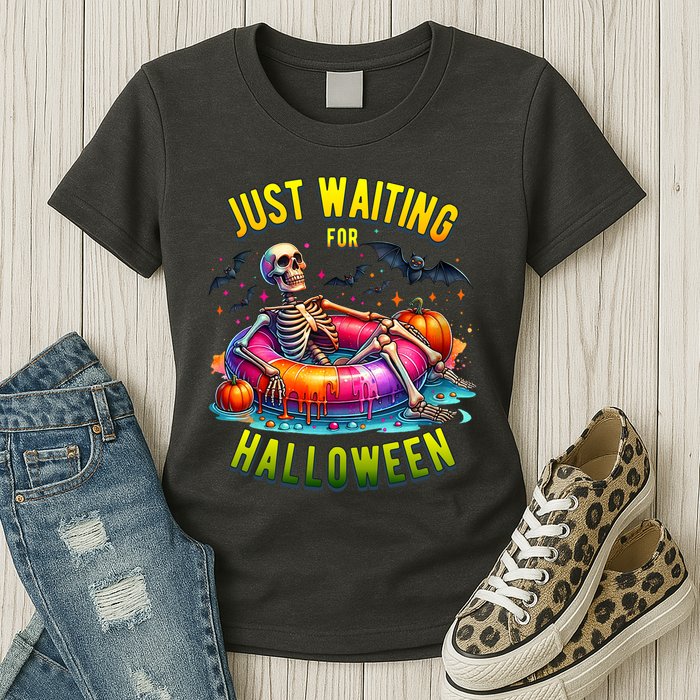 Just Waiting For Halloween Spooky Skeleton Summer Funny Womens T-Shirt