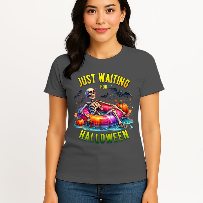 Just Waiting For Halloween Spooky Skeleton Summer Funny Womens T-Shirt