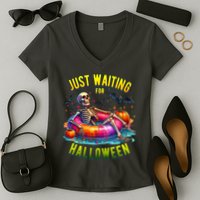 Just Waiting For Halloween Spooky Skeleton Summer Funny Women's V-Neck T-Shirt