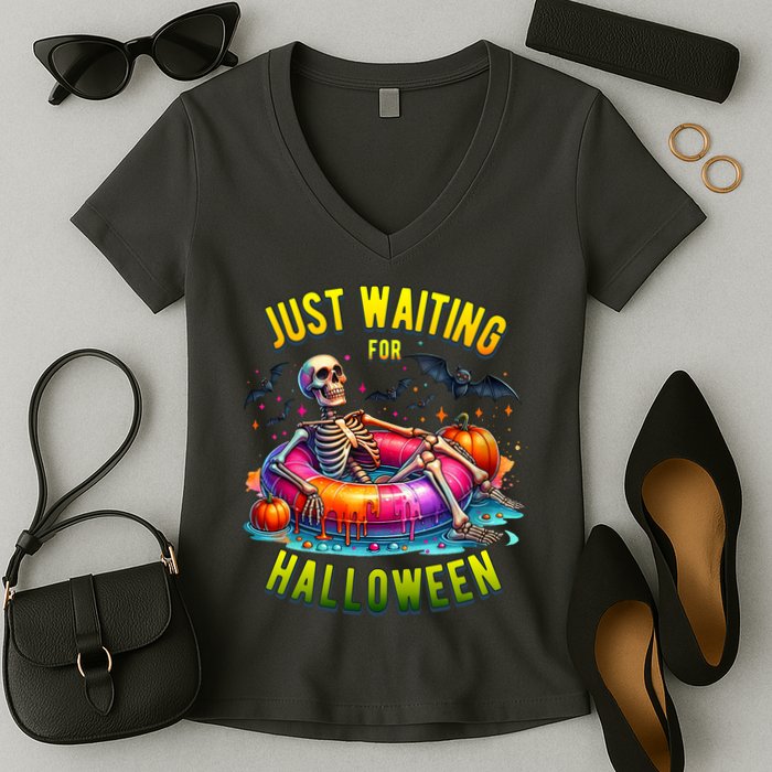 Just Waiting For Halloween Spooky Skeleton Summer Funny Women's V-Neck T-Shirt