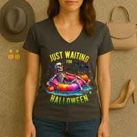 Just Waiting For Halloween Spooky Skeleton Summer Funny Women's V-Neck T-Shirt