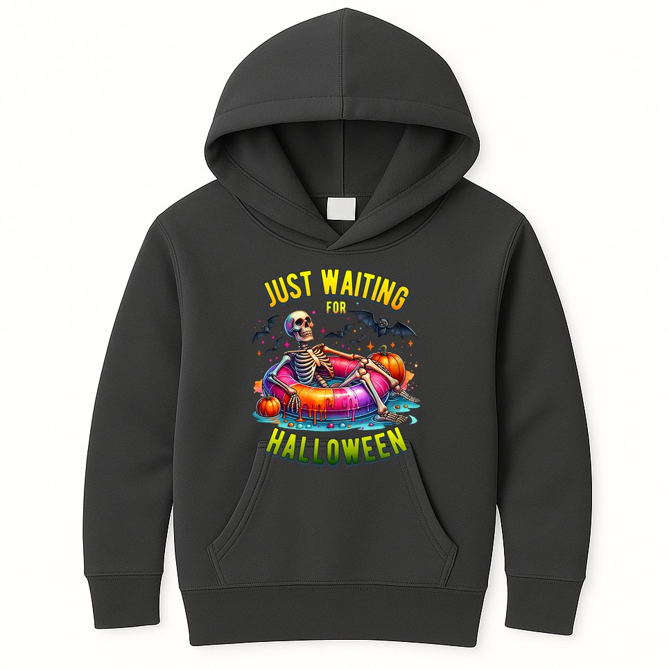 Just Waiting For Halloween Spooky Skeleton Summer Funny Kids Hoodie