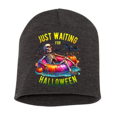 Just Waiting For Halloween Spooky Skeleton Summer Funny Short Acrylic Beanie