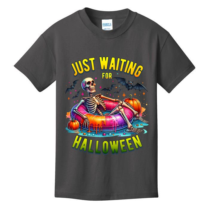 Just Waiting For Halloween Spooky Skeleton Summer Funny Kids T-Shirt