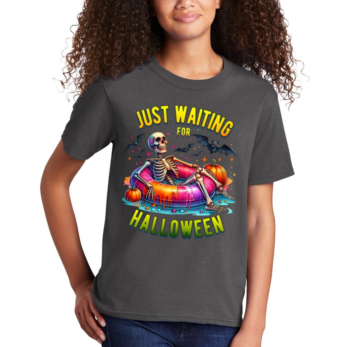 Just Waiting For Halloween Spooky Skeleton Summer Funny Kids T-Shirt