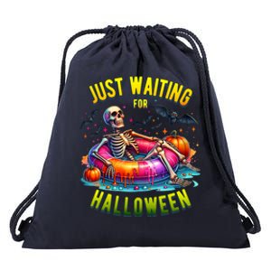 Just Waiting For Halloween Spooky Skeleton Summer Funny Drawstring Bag