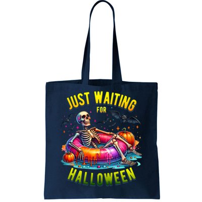 Just Waiting For Halloween Spooky Skeleton Summer Funny Tote Bag