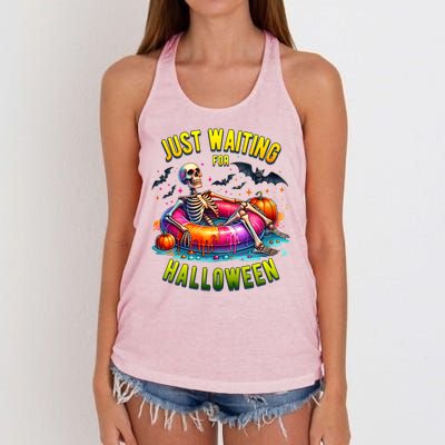 Just Waiting For Halloween Spooky Skeleton Summer Funny Women's Knotted Racerback Tank