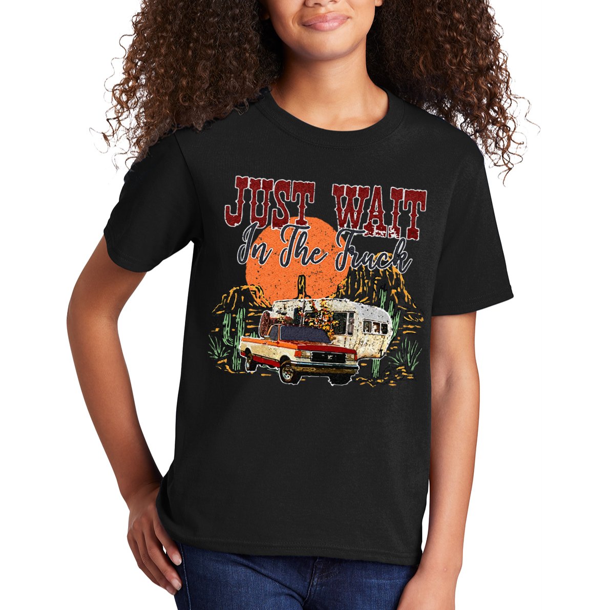 Just Wait In The Truck Country Western Roads Country Costume Kids T-Shirt