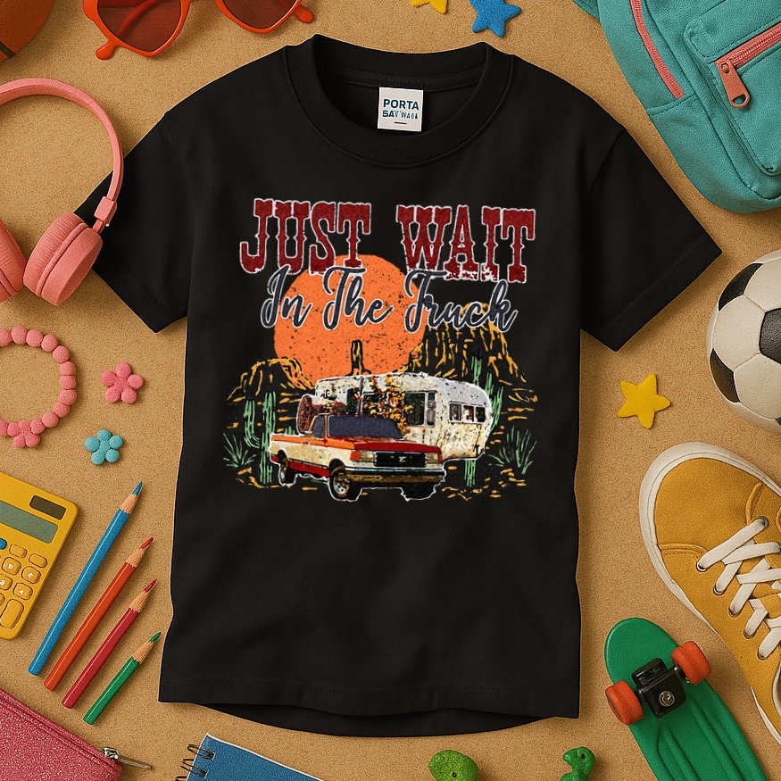 Just Wait In The Truck Country Western Roads Country Costume Kids T-Shirt