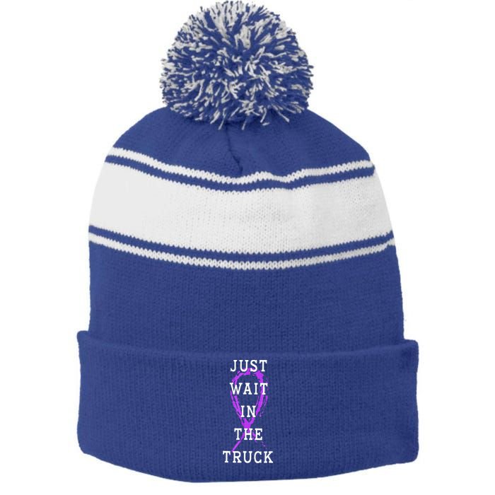 Just Wait In The Truck Domestic Violence Purple Ribbon Stripe Pom Pom Beanie