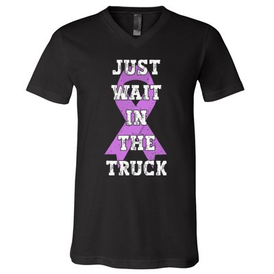 Just Wait In The Truck Domestic Violence Awareness Ribbon V-Neck T-Shirt