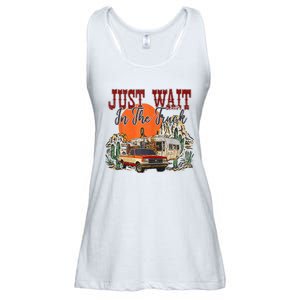 Just Wait In The Truck Desert Drifter Sunset Retro Cactus Ladies Essential Flowy Tank