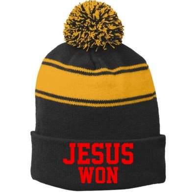 Jesus Won Front And Back Stripe Pom Pom Beanie