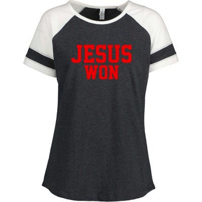 Jesus Won Front And Back Enza Ladies Jersey Colorblock Tee