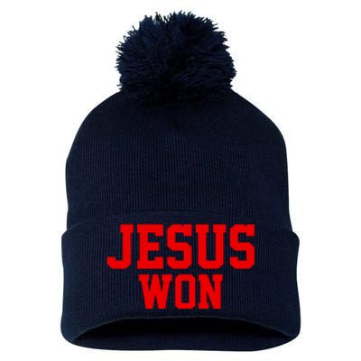 Jesus Won Front And Back Pom Pom 12in Knit Beanie