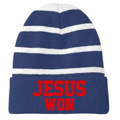 Jesus Won Front And Back Striped Beanie with Solid Band