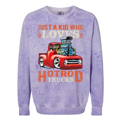 Just Who Loves Hotrod Trucks Cartoon Distressed Design Colorblast Crewneck Sweatshirt