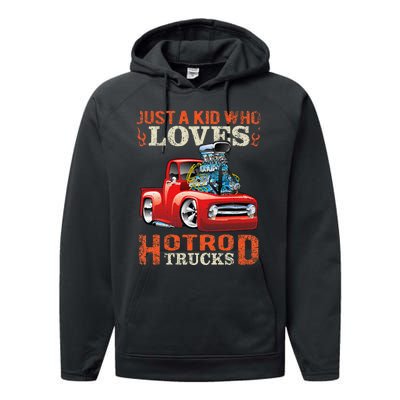 Just Who Loves Hotrod Trucks Cartoon Distressed Design Performance Fleece Hoodie