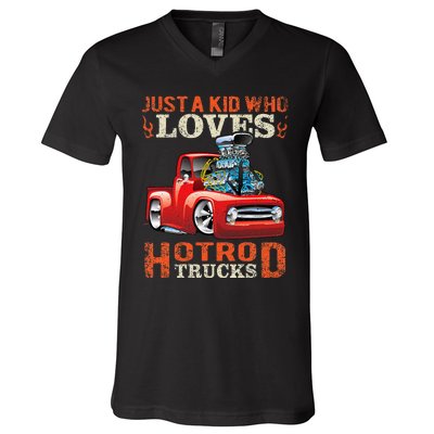 Just Who Loves Hotrod Trucks Cartoon Distressed Design V-Neck T-Shirt