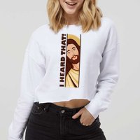 Jesus Watching Peeking I Heard That Funny Christian Meme Cropped Pullover Crew