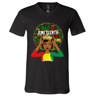 Juneteenth wo Queen African American black afro V-Neck T-Shirt