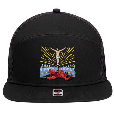 Jesus Wrestling Satan 7 Panel Mesh Trucker Snapback Hat