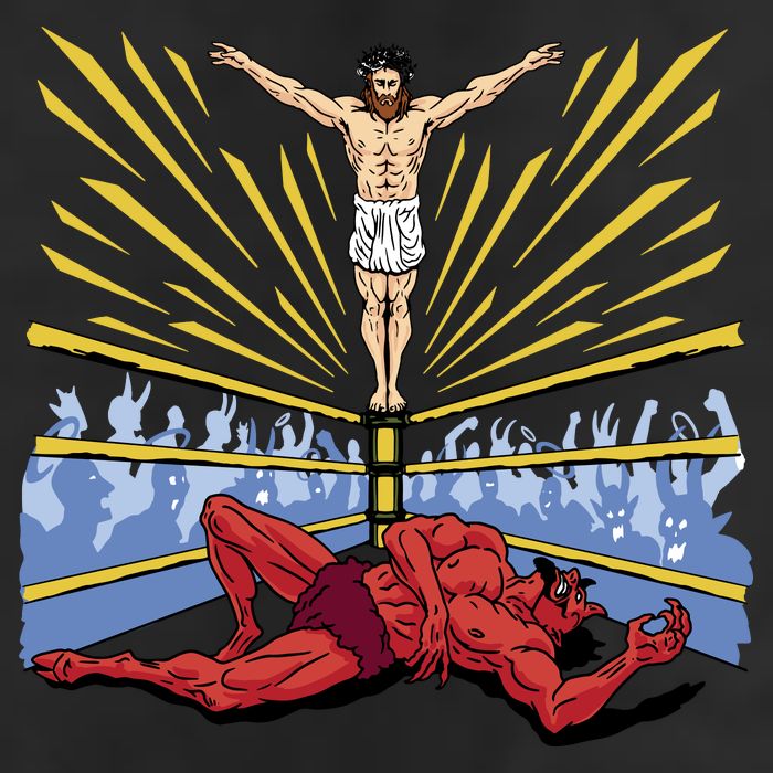 Jesus Wrestling Satan 7 Panel Mesh Trucker Snapback Hat