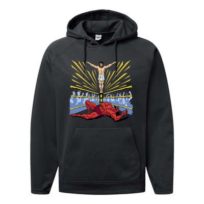 Jesus Wrestling Satan Performance Fleece Hoodie