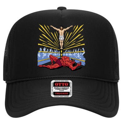 Jesus Wrestling Satan High Crown Mesh Back Trucker Hat