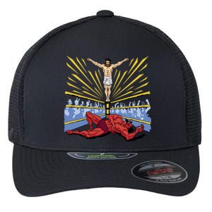 Jesus Wrestling Satan Flexfit Unipanel Trucker Cap