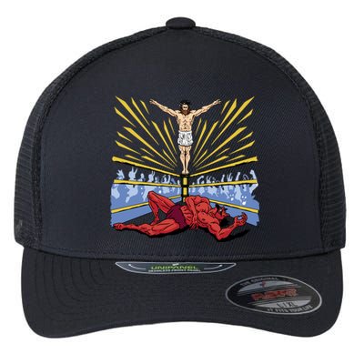 Jesus Wrestling Satan Flexfit Unipanel Trucker Cap