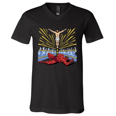 Jesus Wrestling Satan V-Neck T-Shirt